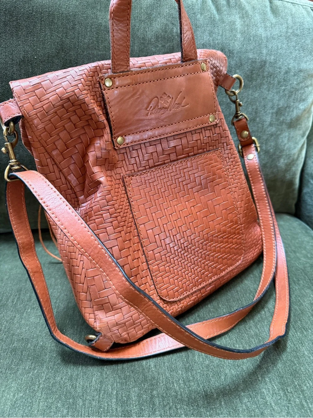 Patricia Nash Woven Leather Fold-Over Crossbody Bag in cognac leather
